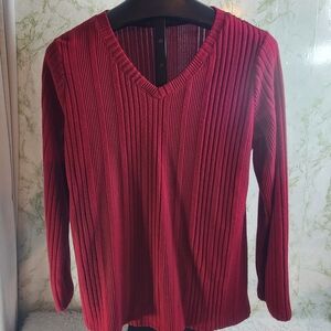 Cranberry Color Ribbed Vneck Lightweight Sweater